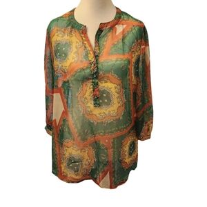 Umgee Green Orange Multicolor Boho Retro Sheer Tunic Pullover Coverup SZ XL